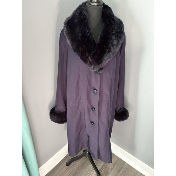 Jacques Vert Purple Plum Long Overcoat Button Up Faux Fur Trim Women’s - Picture 2 of 11